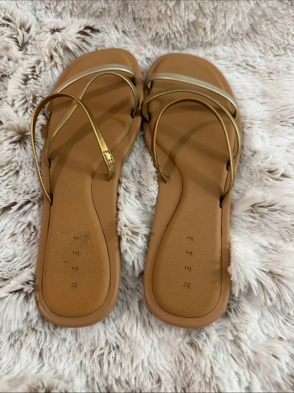 Reef Women’s Metallic Gold and Tan Multi-Strap Slide Sandals